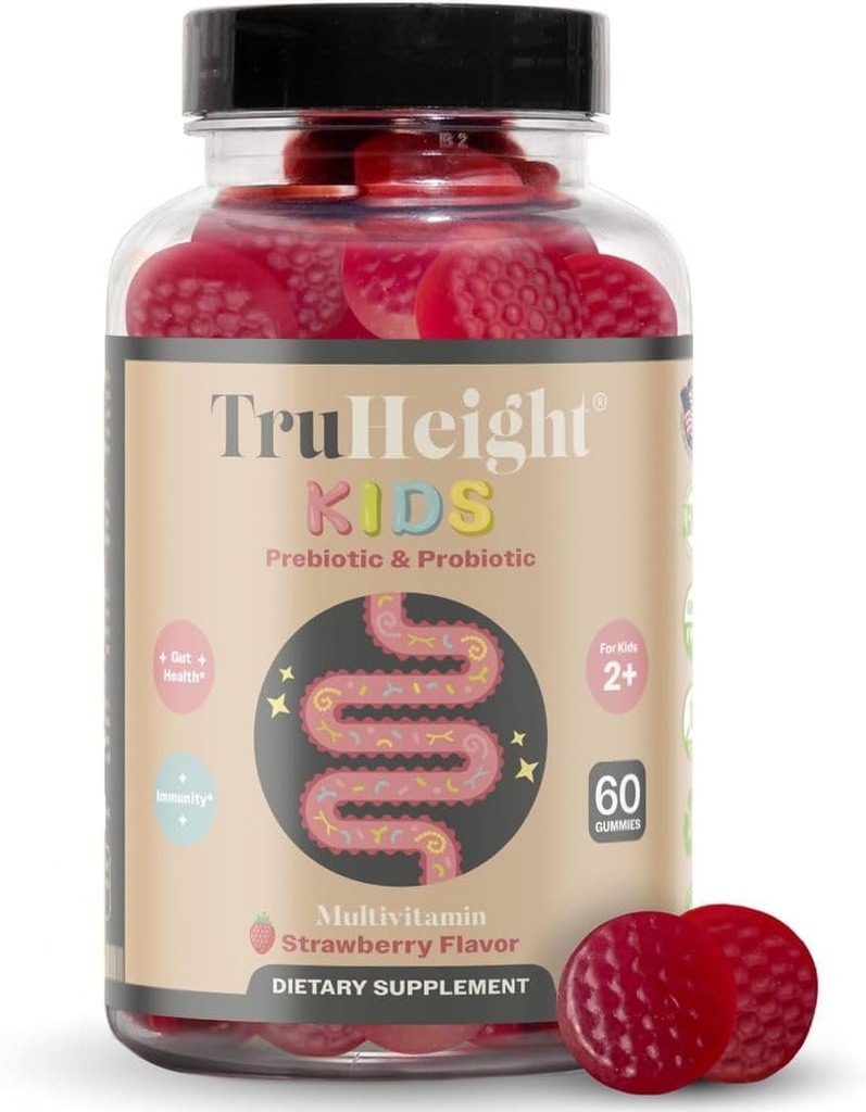 TruHeight Kids Prebiotic & Probiotic Gummies Vârstele 2+ (Arovă de fructe de pădure) Copii & Copii Toate Natural Gut Sănătate, Enzime Digestive & Constipație Supliment de ajutor - Vitamine recomandate pediatric