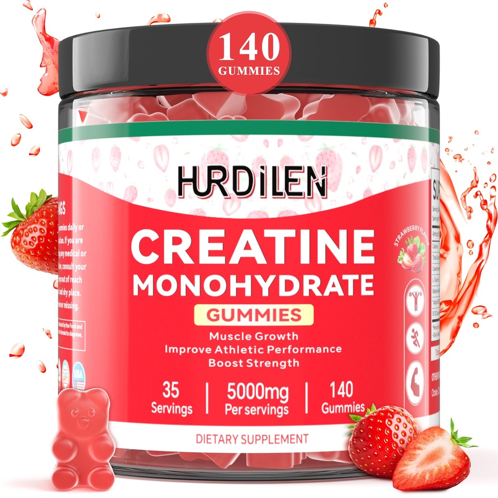 140 Count Creatină Monohidrat Gummies, 5000 mg Creatină Monohidrat Nu Gume de zahăr pentru femei și bărbați cu L-Taurină, vitamina B12 pentru rezistență musculară, Recuperare musculară, Constructor Glute, Boost energie