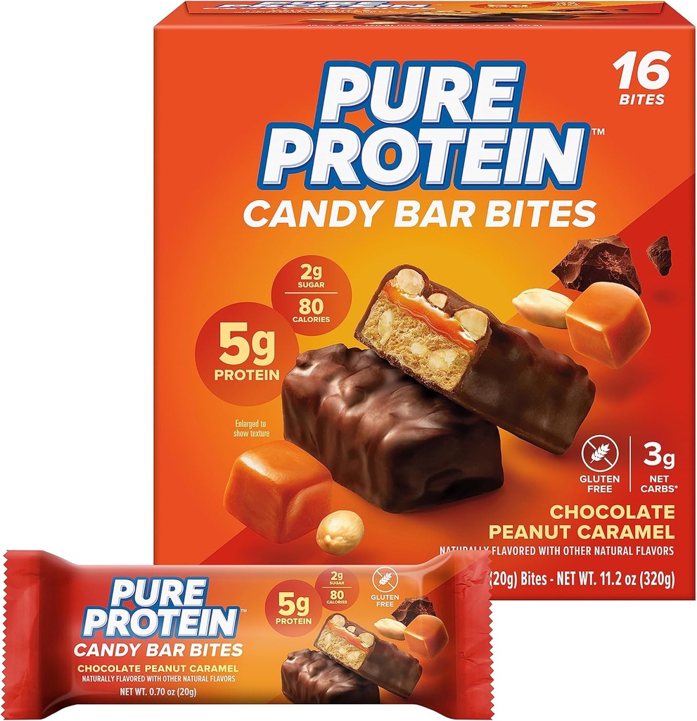 Proteine pure bomboane Bar Bites, ciocolată arahide Caramel, 5g Proteina, Gluten gratuit, Low Sugar, 0,70 oz, 16 Pack (Packaging May Vary)