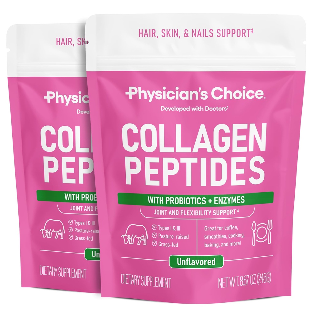 Colagen Peptides Powder - Proteină hidrolizată (tip I & III) - Enzime digestive - Keto Colagen Powder for Women & Men - Hair, Skin, Joints & Workout Recovery Aid - Grass Fed, Non-GMO - Două ambalaje