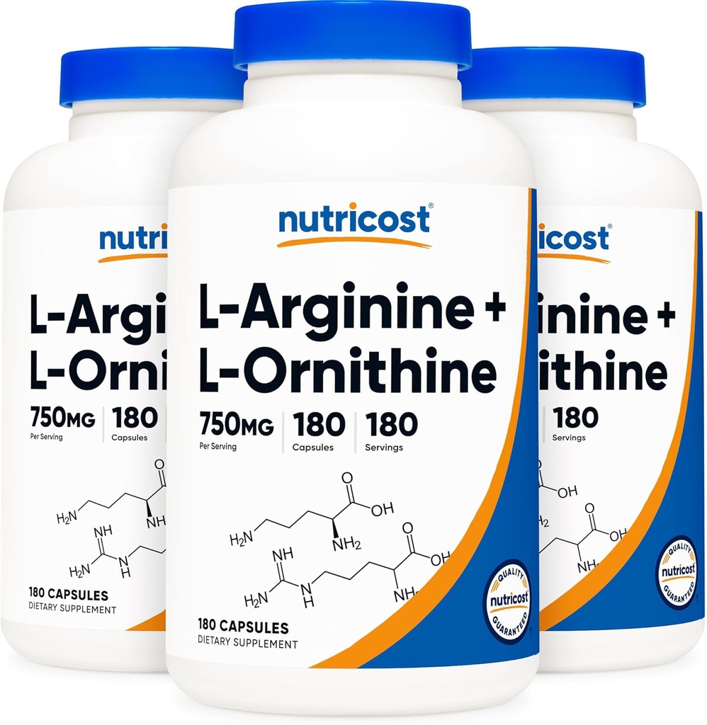 Nutricost L-Arginină L-Ornitină 750 mg; 180 capsule (3 flacoane)