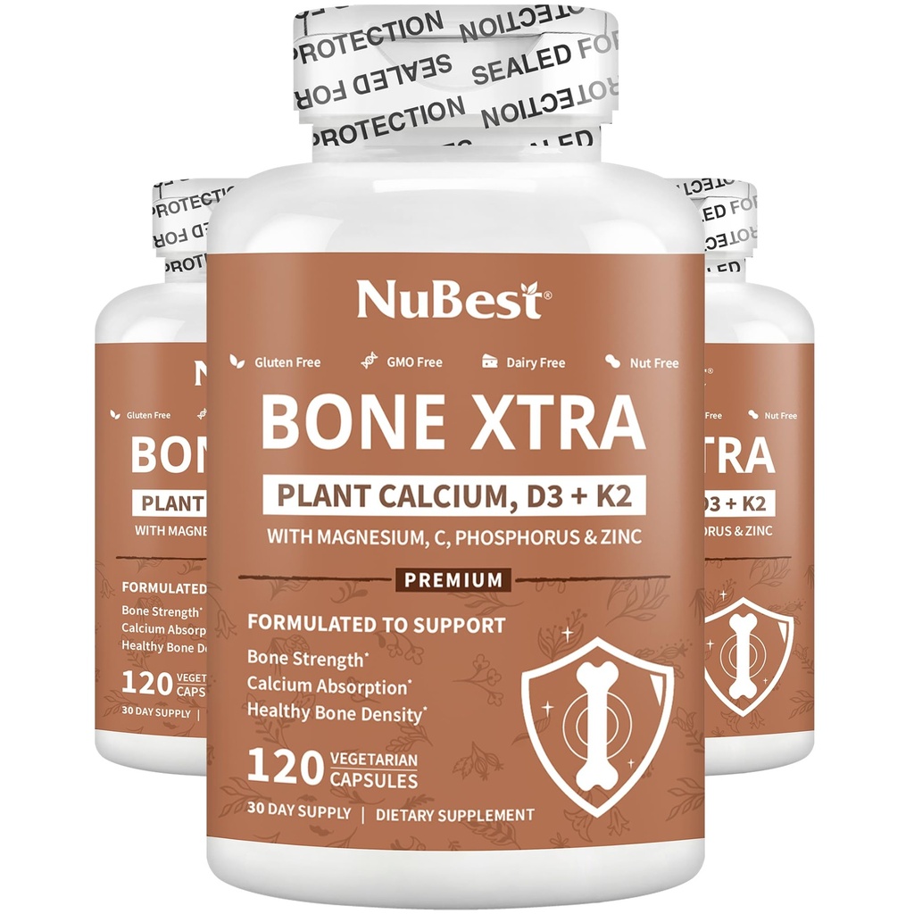 Bone Xtra - Vegan Bone Putere Formula pentru oase mai puternice, pe bază de plante Calciu de la Marine Algae, Vitamine D3, Vitamina K2, Magneziu, Fosfor & Mai mult pentru adolescenti, Adulti - 3 luni de aprovizionare 