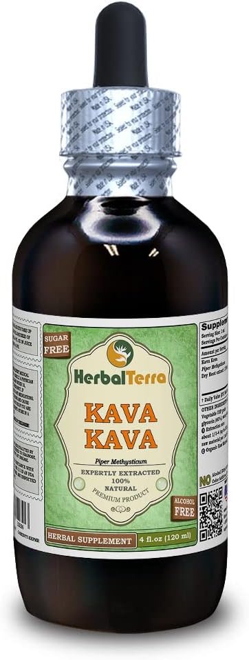 Kava Kava (Piper Methysticum) Glicerit, extract lichid fără alcool uscat (Brand Name: HerbalTerra, Proudly Made in USA) 4 fl.oz (120 ml)