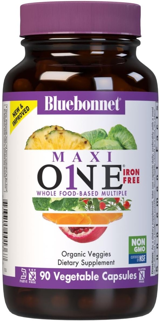 Bluebonnet Nutrition Maxi One (Iron-Free), Whole Food Multiple, Enzime, Energie, Vitality, Gluten, Soy & Green Free, Kosher, Vegetarian Friendly, Non-GMO, 90 Count