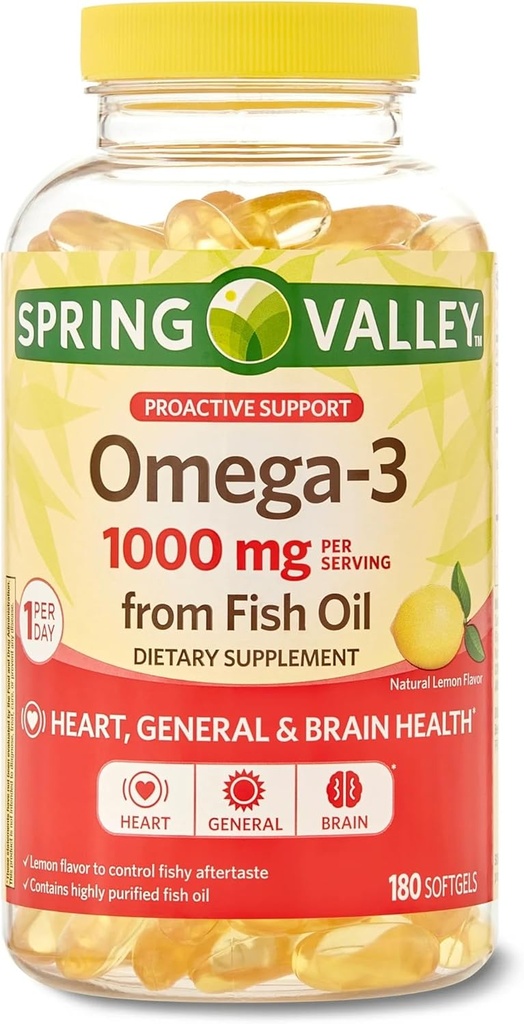 Spring Valley Omega-3 1000 mg de ulei de pește, inimă, creier de sănătate, Lemon,180 Softgels