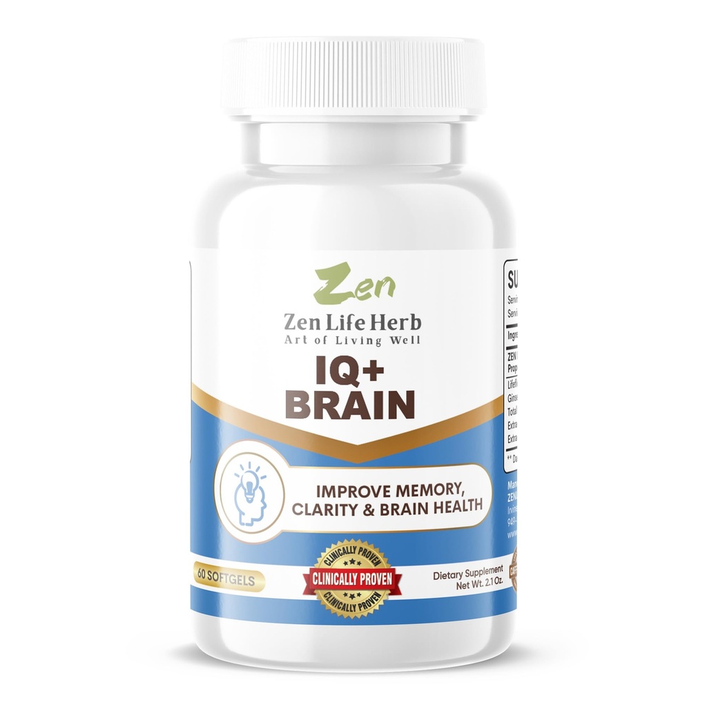ZEN Life Herb IQ. Creier - Concentrare fără cofeină, Testată clinic, Concentrare, Memorie & Energie, Supliment natural pe bază de plante, Nu Vitamine adăugate/Minerals/Mushroom/Sugar (60 Softgels)