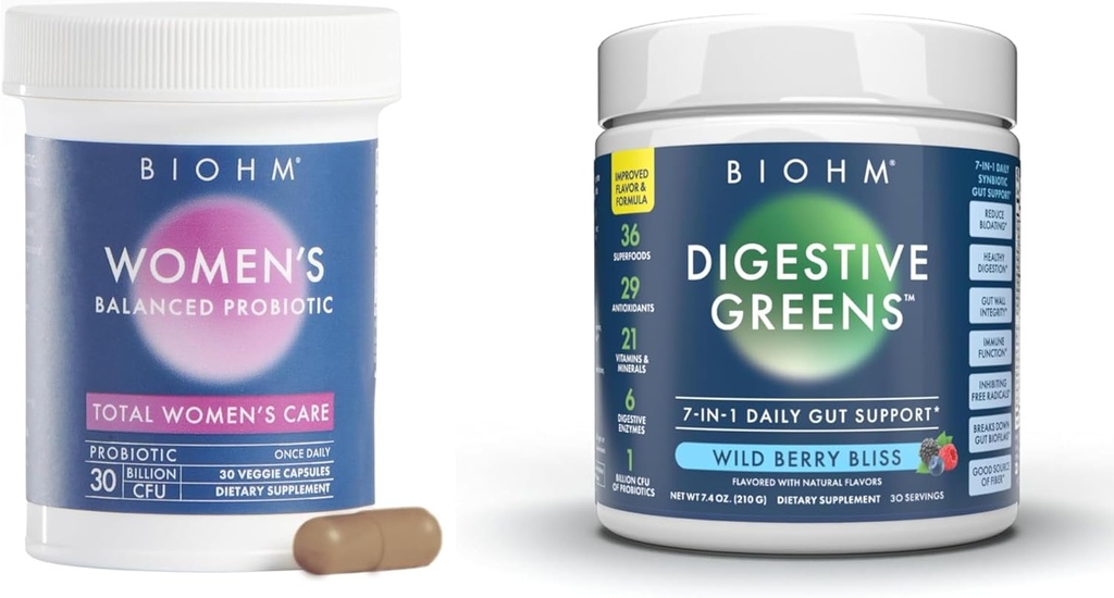 Probioticele feminine BIOHM 30B CFU & Super Greens/Kids Berry Blast Bundle: Curaj și asistență medicală generală, 9 Strains, 30 de zile de aprovizionare, bogat în antioxidanți