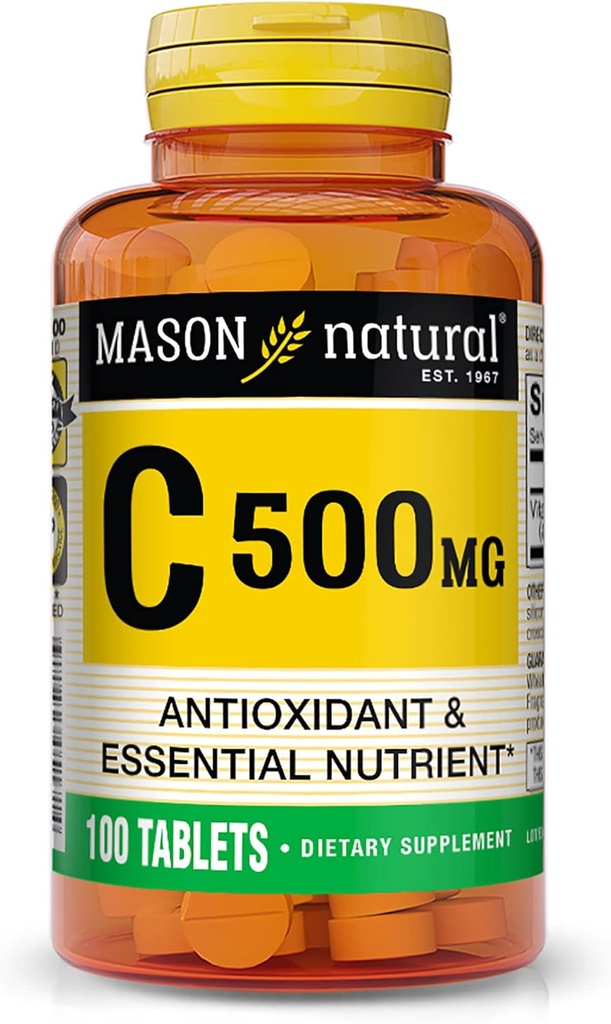 MASON NATURAL Vitamina C 500 mg - Susţine sistemul imunitar sănătos, antioxidant şi nutrient esenţial, 100 comprimate