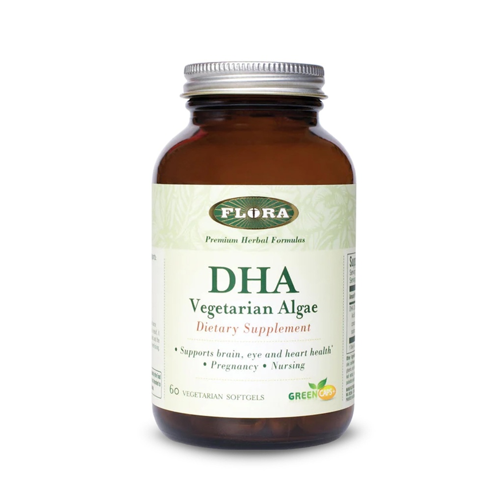 Flora - DHA Vegetarian Algae GreenCaps Plus - Brain & Heart Health - Ajuta sanatatea generala in timpul sarcinii - pentru creier si sistem nervos - asigura Omega-3 - Vegan & Sustenabil - 60 Vegetarian Softgels
