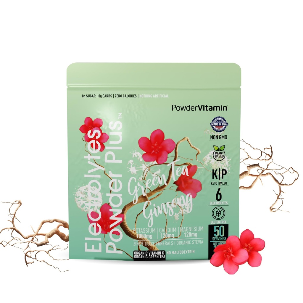 PulbereVitamina Electroliti Pulbere Plus (50 Serviri) Ceai verde Ginseng Electrolit Pulbere Keto, Zahăr gratuit, Sare Himalayan roz, 1000mg Potasiu,120mg Calciu,120mg Magneziu, Pulbere de hidratare
