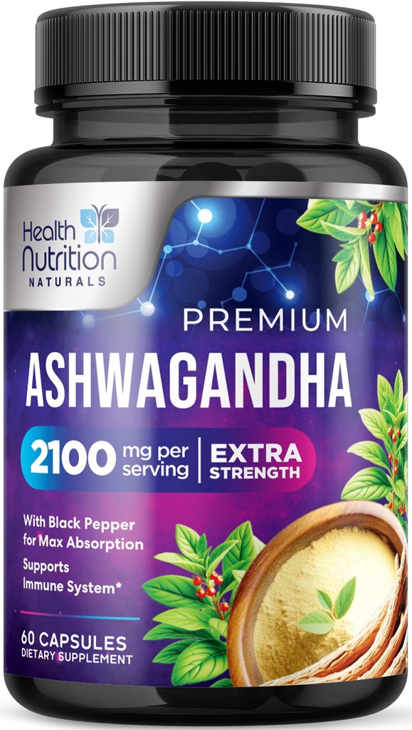Suplimente Ashwagandha - 2100mg capsule Ashwagandha pentru femei si barbati, suport antioxidant natural, extract de root Ashwa, suport extrem de puternic cu Pepper negru, Vegan & Gluten gratuit - 60 capsule