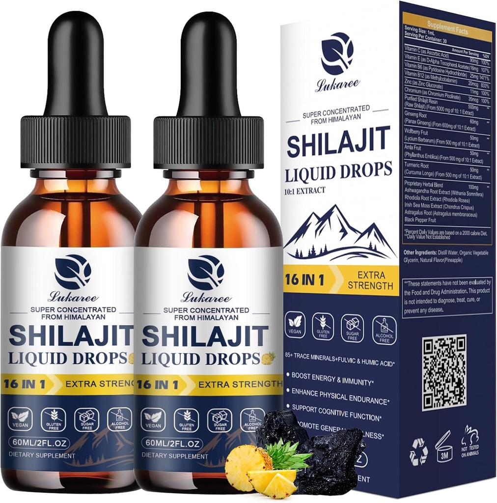 Lukaree 16-in-1 Shilaj drops for Men and Women, Ashwagandha, Ginseng, Turmeric, Rhodiola, Amla, Sea Moss, Liquid Vitamin Supplement with 85+ Trace Minerals and Fulviel Acid, 2 FL Oz (2 Pack)