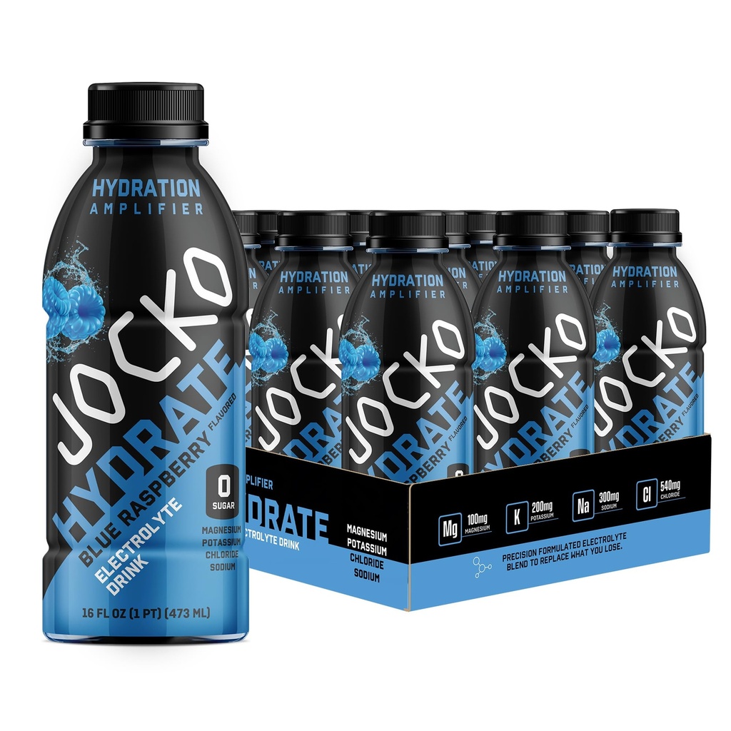 Jocko Fuel Hydrate Electrolyte Drinks - Sports Drink Hidration Amplifier, Seth Quencher - Electrolite Blend Blue Raspberry 16 Oz (12 Pack)