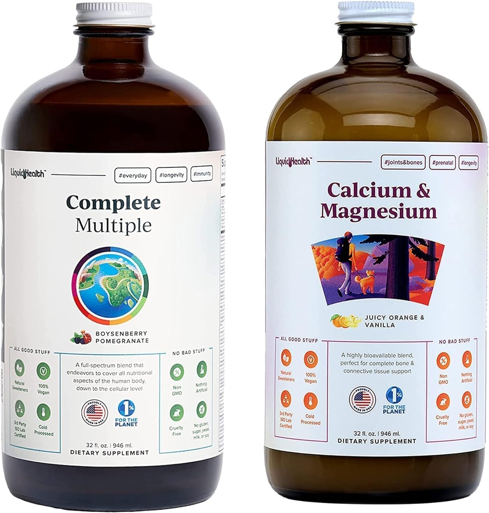 LIQUIDHEALTH Complete Multivitamine multiple & Calciu și magneziu lichid de vitamina Bundle pentru adulți - Întregul organism de sănătate, Sistemul imunitar, Suportul osos și comun - Whole Foods, Vegan, Non-GMO, SUA Made
