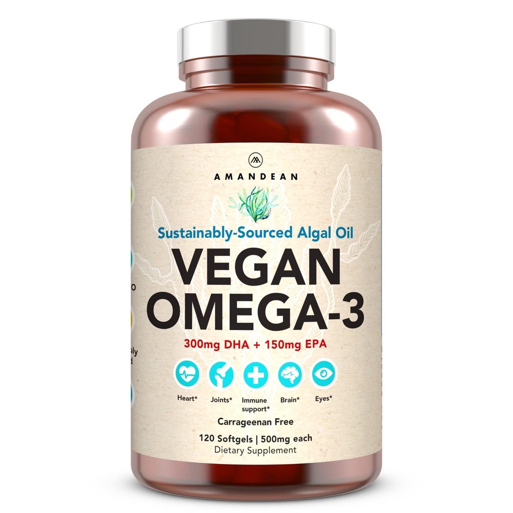 AMANDEAN Vegan Omega 3 Supliment. Premium Fish Oil Alternative. Algae DHA & EPA. Caragenan Free Softgels. Algal Essential Fatty Acids. Inimă cu bază de plante, creier, ochi, piele, suport imunitar. (120ct)
