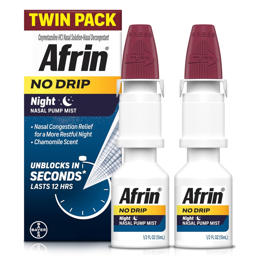 AFRIN No Drip Night Mist Twin Pack, Non-Drowsy, Fast-Action Decongestionant pentru somn odihnitor cu Mușețel Scent, Adulți și copii 6 și mai în vârstă, 0.5 fl oz (Pachet de 2)