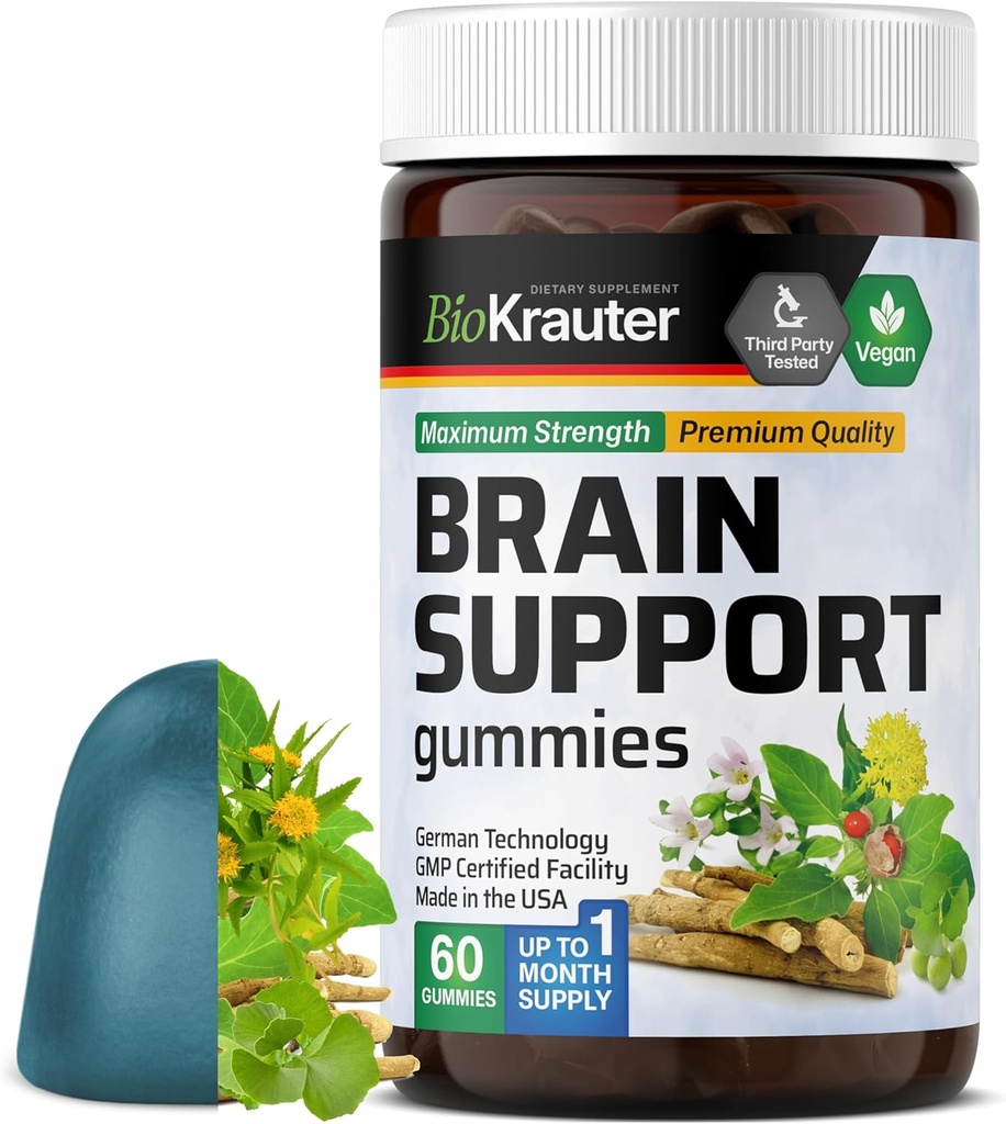 BIO KRAUTER Brain Support Gummies - 60 Vegan Chews - Natural Brain Supplement - Ashwagandha, Ginkgo Biloba, Bacopa, DMAE, și vitamine pentru suport cognitiv