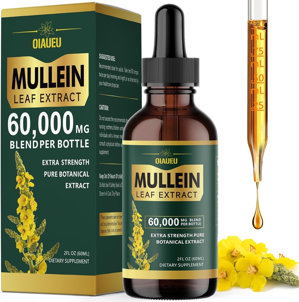 Picături organice Mullein pentru plămâni, Mullein Leaf Tincture Support Lung Curățenie, Extrasul natural de lichid pentru Lung Detox și de sănătate respiratorie, Vegan, 2 fl oz