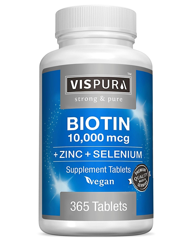 Biotin 10000 mcg + Zinc + Seleniu, Pur, Vegan & Extra Puternic, Cel mai bun supliment pentru creșterea părului, Skin luminos, unghii puternice *, 365 comprimate pentru 12 luni, Natural fără aditivi