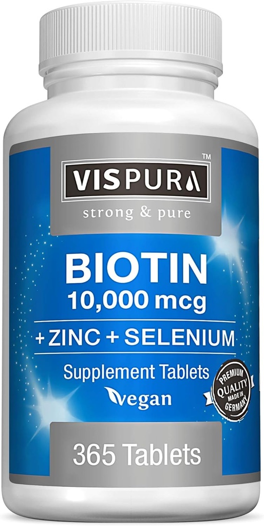 Biotin 10000 mcg + Zinc + Seleniu, Pur, Vegan & Extra Puternic, Cel mai bun supliment pentru creșterea părului, Skin luminos, unghii puternice *, 365 comprimate pentru 12 luni, Natural fără aditivi