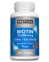 Biotin 10000 mcg + Zinc + Seleniu, Pur, Vegan & Extra Puternic, Cel mai bun supliment pentru creșterea părului, Skin luminos, unghii puternice *, 365 comprimate pentru 12 luni, Natural fără aditivi