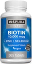 Biotin 10000 mcg + Zinc + Seleniu, Pur, Vegan & Extra Puternic, Cel mai bun supliment pentru creșterea părului, Skin luminos, unghii puternice *, 365 comprimate pentru 12 luni, Natural fără aditivi