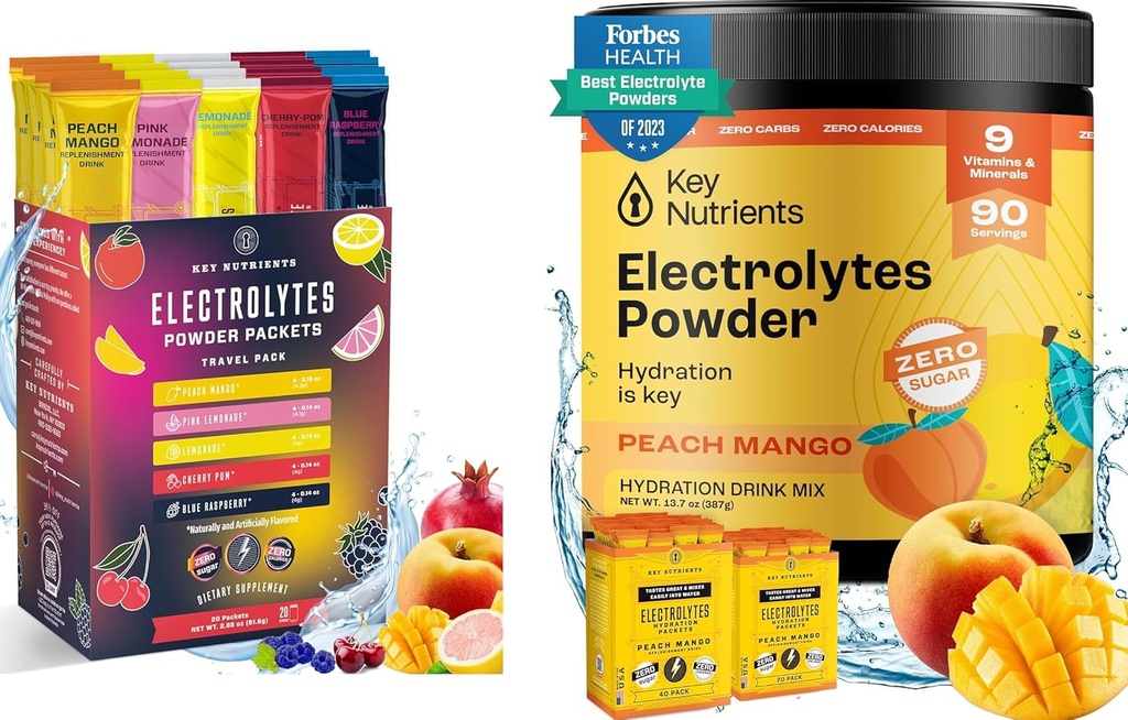 Key NUTRIENTS Ultimate Hydration & Multivitamine Duo: 20-Pack Varietate 5 arome + 90-Serving Tropical Peach Mango Electrolits Pulbere