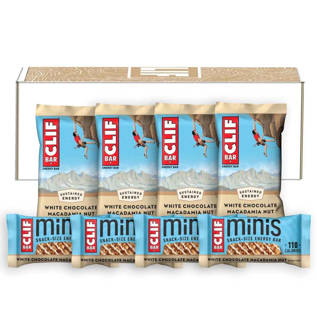 CLIF BAR - Ciocolata alba Macadamia Aroma nucilor - Dimensiune completa si batoane mini-energetice - Made with Organic Oats - Non-GMO - Plant based - 2.4 oz. si 0.99 oz. (20 Conte)