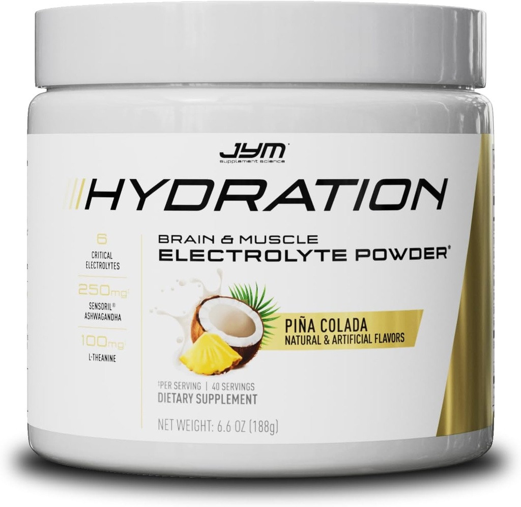 JYM Hydration Pina Colada Powder, Electroliți de performanță, Potasiu, Sodiu, Magneziu, pentru bărbați și femei, Theanine, Ashwaghanda, Theanine, 40 Serviri