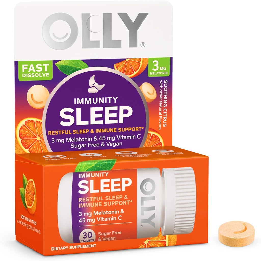OLLY Imunity Sleep Sleep Rapid dizolves, 3mg Melatonina, Vitamina C, Citrus Flavor, 30 Day Supply - 30 Conte