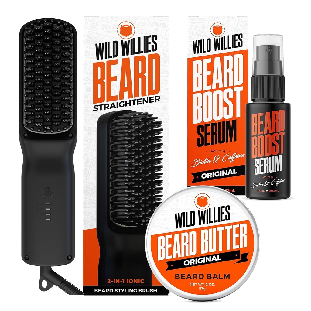 Wild Willies Barbă Kit de îngrijire: Încălzire barbă îndreptat pentru bărbați, unt de barbă, ser de creștere și barbă - Ultimate Grooming Tool Set, Barbă Balsam, Hydrating Ser, Hot Comb Beard Brush pentru utilizare zilnică