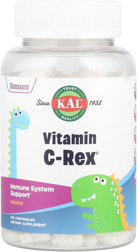 KAL C-Rex Vitamina C masticabile pentru copii, Supplement de suport imun cu bioflavonoizi de la Rose HIPS, Rutin & Acerola, Tasty Orange, Fructoza Free, Tablete masticabile