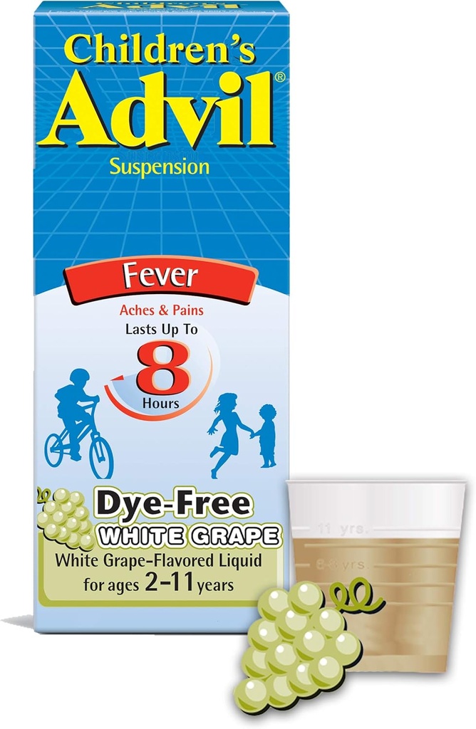 Copii: Advil Liquid Pain Relief Medicina si Reducator Febra, 100 Mg Ibuprofen pentru copii pentru vârstele 2-11, struguri albi - 4 Fl Oz