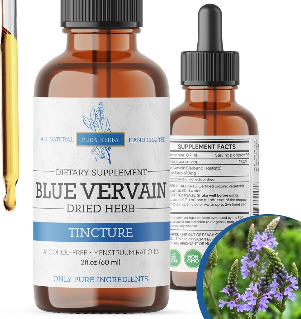 Blue Vervain Herb Organic, Blue Vervain Tincture, Alcool gratuit, Vegan - 2 Fl Oz