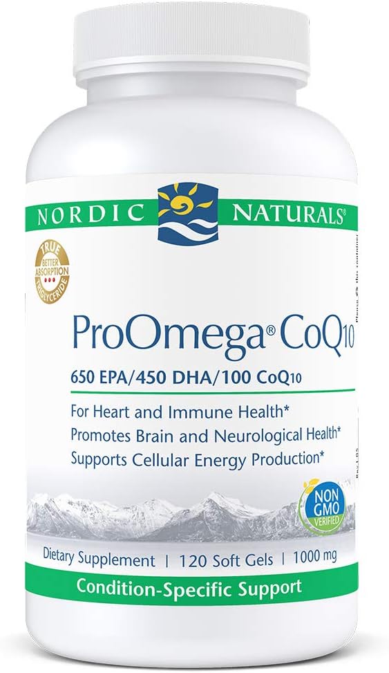 Nordic Naturals ProOmega CoQ10 - Ulei de pește, 650 mg EPA, 450 mg DHA, 100 mg CoQ10, promovează sănătatea neurologică și producția de energie celulară*, 120 Geluri moi