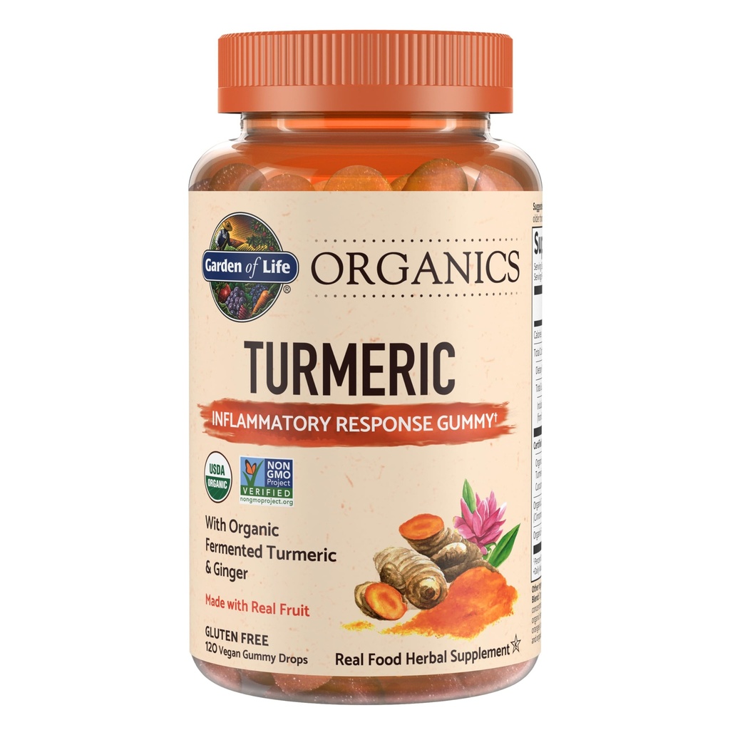 Grădina Vieţii Organice Răspuns inflamator Turmeric Gummy - 120 Gume de fructe reale pentru copii & adulţi, 50Mg Curcumin (95% Curcuminoide), Nu Adăugat Zahăr, Organic, Non-GMO, Vegan & Gluten gratuit