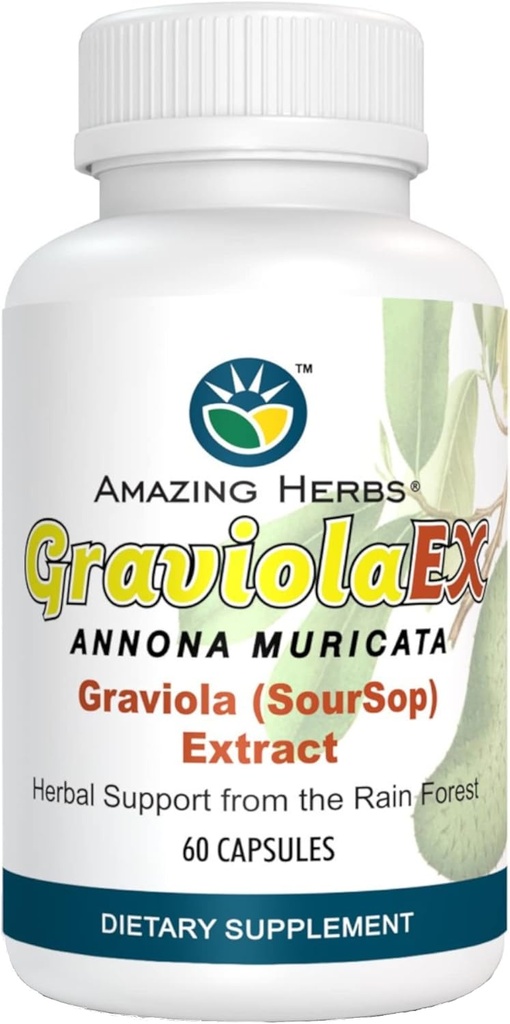 Amazing Herbs GraviolaEX Anona Muricata - 100% Pure Graviola (Soursop) Extract, Natural Health from The Rain Forest, Herbal Dietary Supplement - 60 Count (Pack of 1)