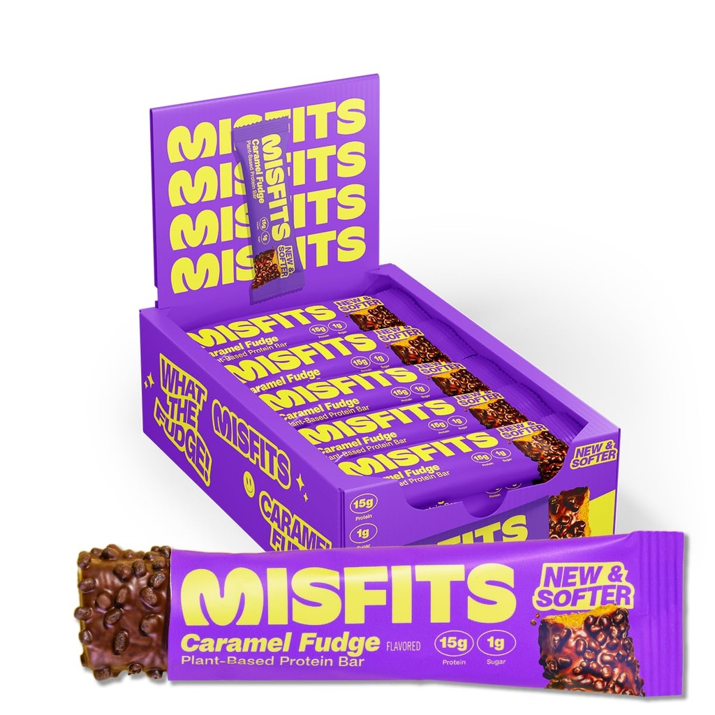 Misfits Vegan Protein Bars, Caramel Fudge - Updated Recipe | Plant Based, Low Sugar & Carb, High Fiber Snacks | Pack of 15