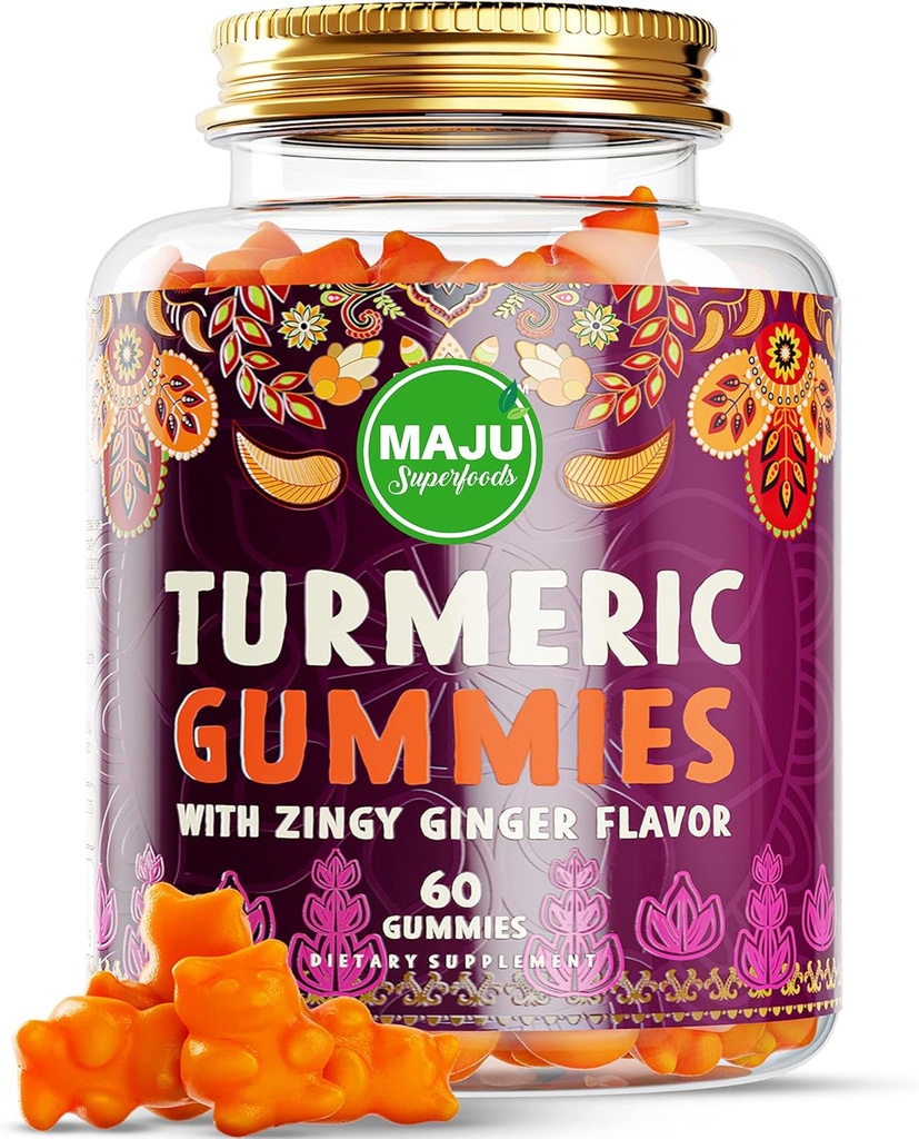 Maju Superfoods Curcumin Curmeric Gumies 60ct, Zingy Ginger Gust, Black Pepper Extract pentru absorbţie şi potenţă sporită, Gume turceşti pentru adulţi şi copii