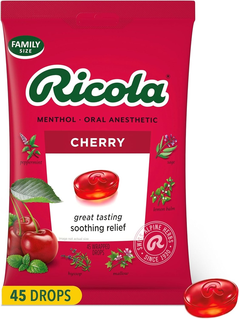 Ricola Cherry Ghroat picături, 45 Conte, picături de zi cu zi pentru gât delicios Reîmprospătare, Anestezic Oral, aroma natural