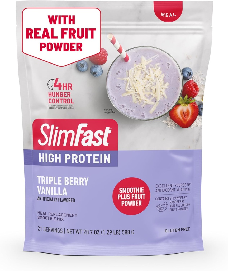 SlimFast Proteine High Smoothie Mix Plus Pudră de fructe, Pudră de substituţie cu proteine ridicate, Fibră, Vitamina C, 21 Serviri, 1.29 Lire, Triple Berry Vanilla (Packing May Vary)