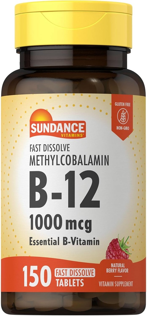 Sundance B-12 Methylcobalamin 1,000 mcg | 150 Fast Dissolve Tablets | Natural Berry Flavor | Vegetarian, Non-GMO, and Gluten Free Essential Vitamin Supplement