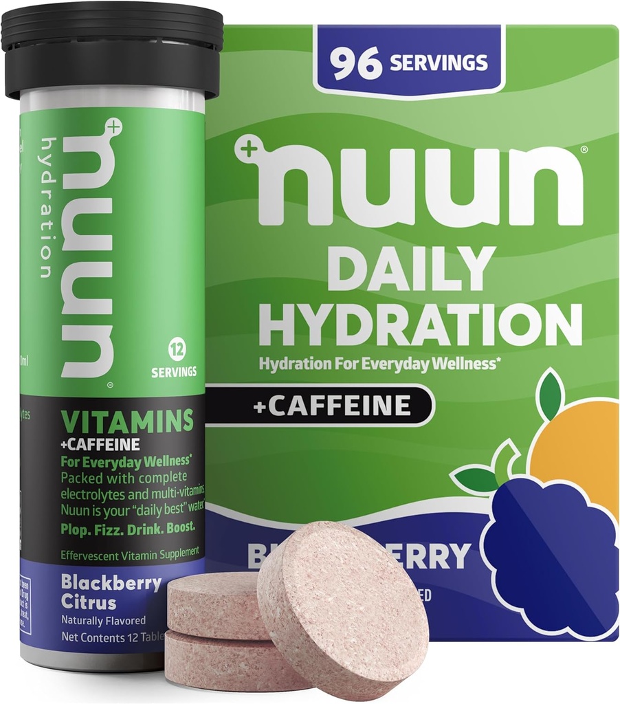 Nuun Vitamine + Caffeine Electrolyte Tablete cu vitamina D, C, E, A, & B6, Acid folic, Magneziu & 4 Alți electroliți esențiali, Gluten Free & Vegan, Blackberry Citrus, 8 Pack (96 Servings Total)