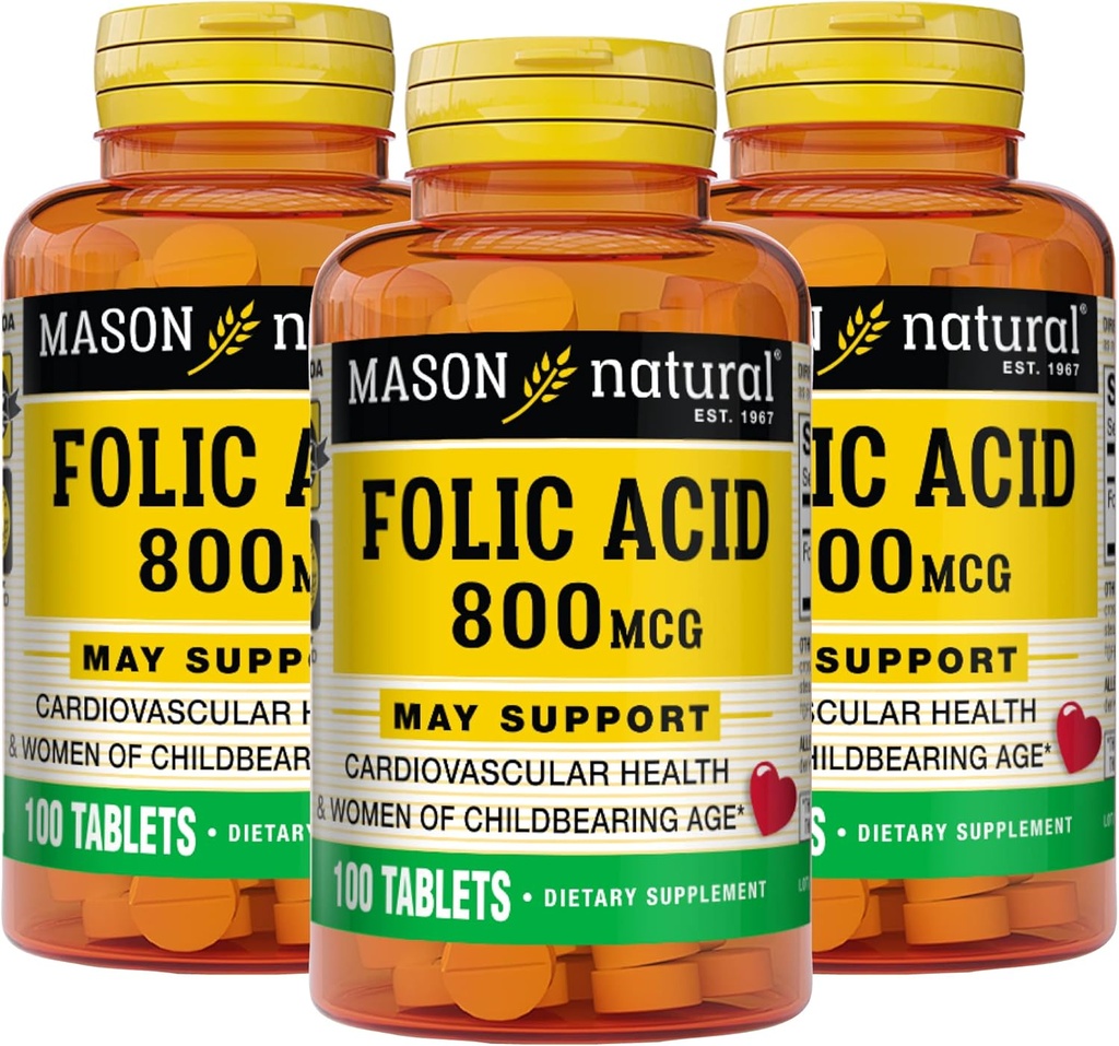MASON NATURAL Acid folic 800 mcg - ajută funcția sistemului nervos, supliment zilnic pentru sănătate, stare de spirit și îngrijire prenatală, pentru femeile de vârstă fertilă, 100 comprimate (Pachet de 3)