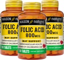 MASON NATURAL Acid folic 800 mcg - ajută funcția sistemului nervos, supliment zilnic pentru sănătate, stare de spirit și îngrijire prenatală, pentru femeile de vârstă fertilă, 100 comprimate (Pachet de 3)