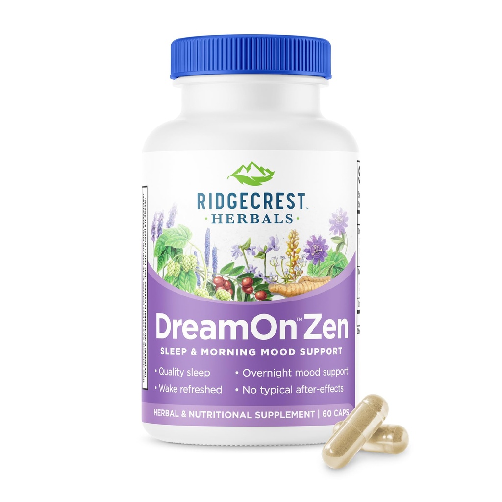 Ridgecrest Herbals DreamOn Zen, Sleep Supplement, Melatonin Free, Magneziu, 5-HTP, Lavender, Mușețel, Valerian, Lemon Balm pentru adulți și copii 12+ (60 Caps, 30 Serv)