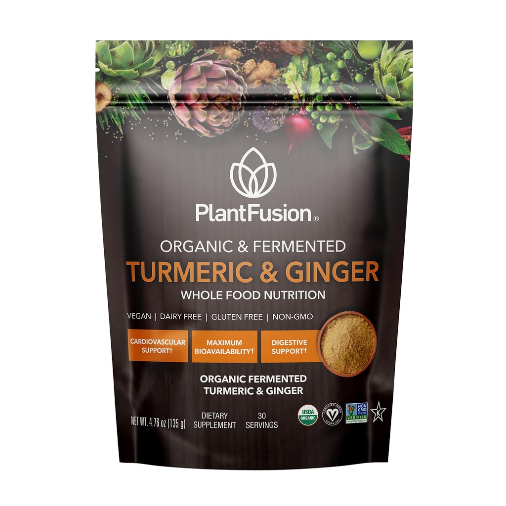 PlantFusion Turmeric și Ginger Drink Mix - Fermentat Întreaga nutriție alimentară, Herbal Supplement Powder cu Curcuminoide - USDA Certified Organic, Non-GMO, Vegan, Gluten-Free, 4.76 oz 30 Servings