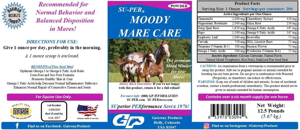 SU-PER Moody Mare Powder - Herbal Equine Horse Supplement with Chasteberry & Maca Root - 12,5 lbs