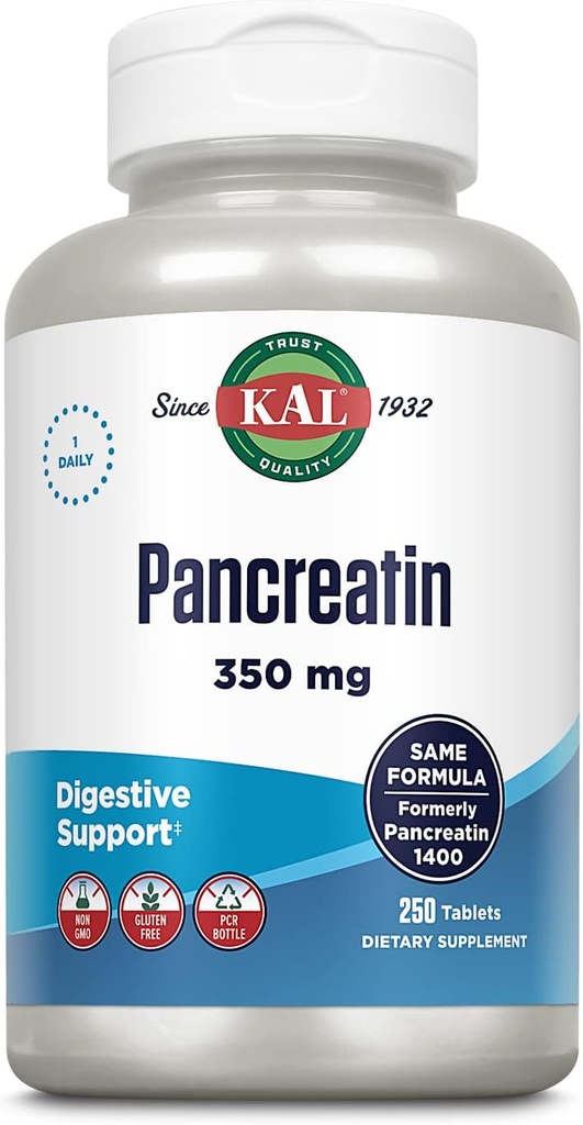 KAL Pancreatin 350 mg, Enzime digestive pentru femei și bărbați, Enzime pancreatice pentru suport digestiv de sănătate, Gluten gratuit, non-GMO, Dezintegrare rapidă, 60-Day Guarantee, 250 Serviri, 250 comprimate