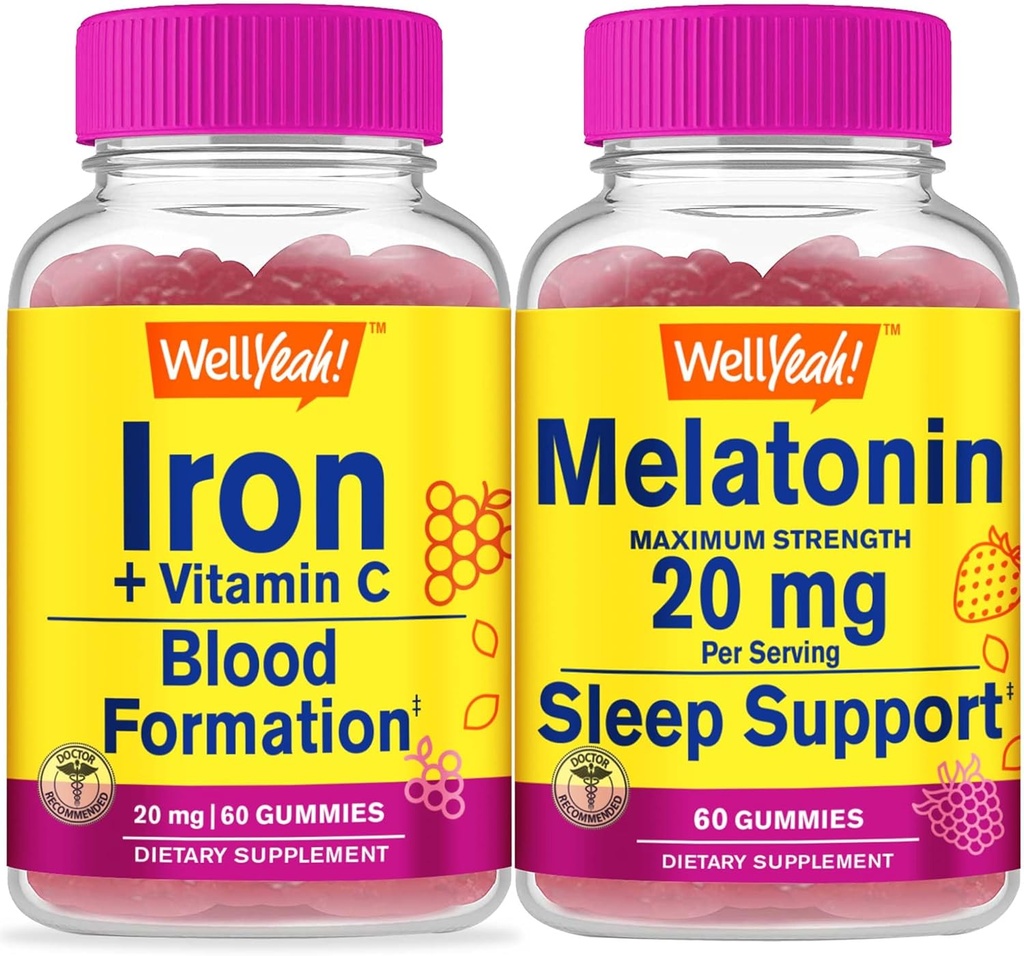 Ei bine, Iron+Vitamina C + Melatonina 20mg, Gummie Bundle - mare Tasting, Supliment de vitamine, Gluten gratuit, OMG gratuit, Gummy mestecabil